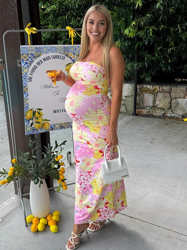 fotobeyou Stamp Duty Bodycon Vacation Beach Baby Shower Maternity Photoshoot Maxi Dress
