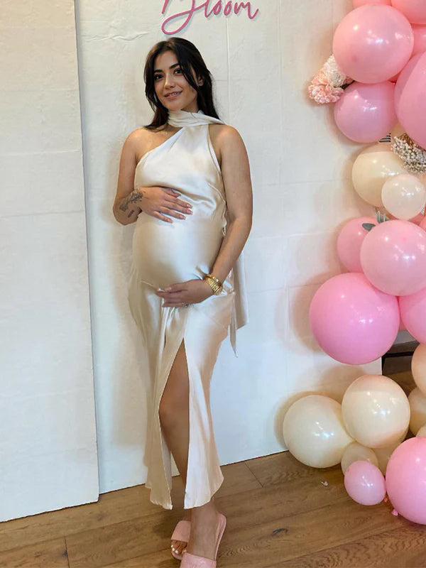 fotobeyou Apricot Satin Backless Halter Neck Irregular Side Slit Mermaid Bodycon Cocktail Party Gowns Baby Shower Maternity Maxi Dress