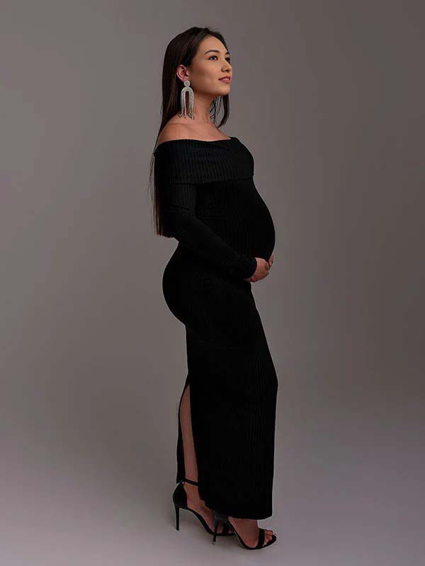 fotobeyou Off Shoulder Back Slit Flare Sleeve Bodycon Elegant Photoshoot Maternity Maxi Sweater Dress