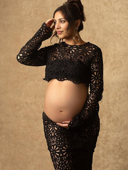 fotobeyou Black Lace Skeleton Two Piece Bodycon Beach Vacation Baby Shower Maternity Photoshoot Suits