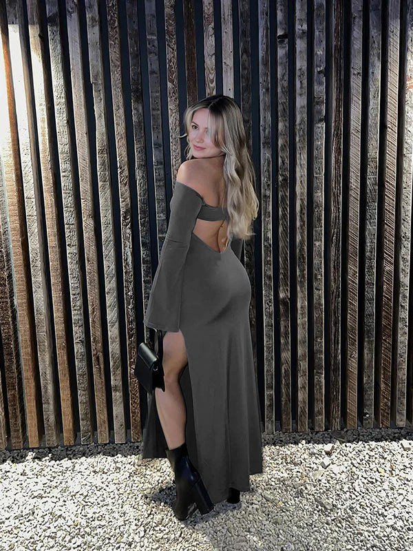 fotobeyou Dark Grey Off Shoulder Cut Out Side Slit Backless Cami Flare Sleeve Chic Going Out Party Maternity Photoshoot Baby Shower Maxi Dress