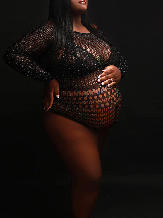 fotobeyou Black Rhinestone Fishnet Knitting Sheer Cut Out Photoshoot Short Jumpsuit Maternity Bodysuit