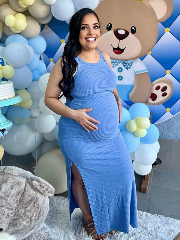 Fotobeyou Blue Round Neck Side Slit Crochet Maternity Baby Shower Maxi Dress