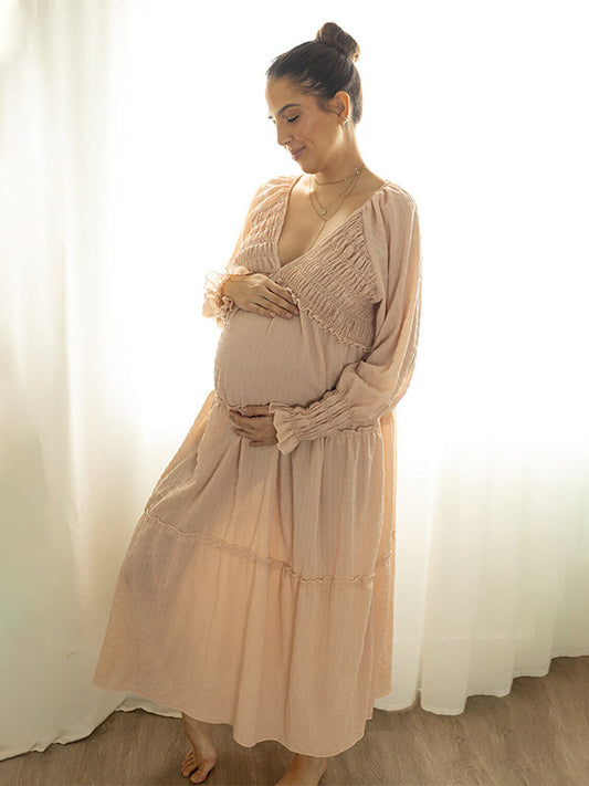 fotobeyou Layered Ruffle Falbala Big Swing Elegant Baby Moon Beach Boho Maternity Photoshoot Baby Shower Maxi Dress