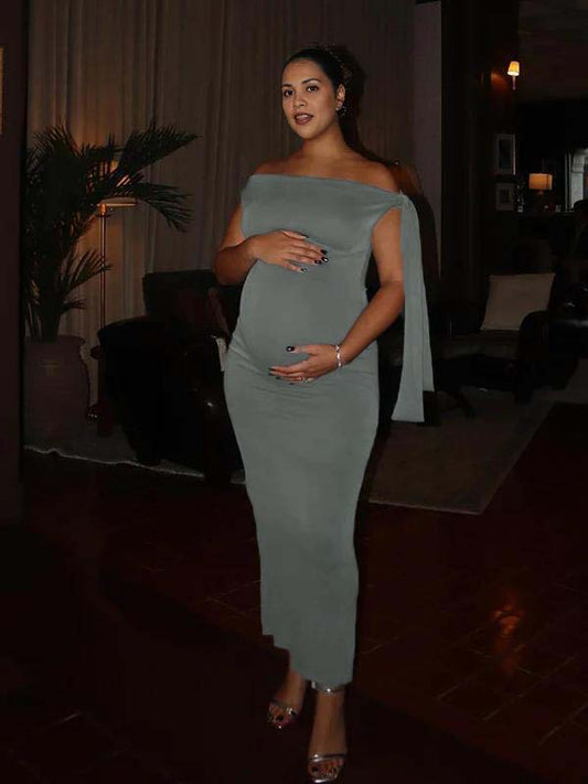 fotobeyou Grey Asymmetric Shoulder Knotted One Shoulder Sleeveless Bodycon Elegant Cocktail Party Maternity Photoshoot Baby Shower Maxi Dress