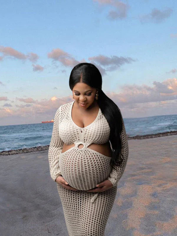 fotobeyou Apricot Knit Coverup Dress Mesh Bodycon Beach Hollow Out Midi Crochet Maternity Cut Out Dress