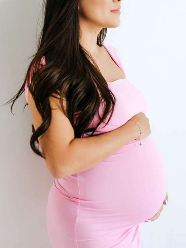 fotobeyou Pink Spaghetti Strap Backless Tie Back Bandage Mermaid Bodycon Elegant Baby Shower Maternity Maxi Dress
