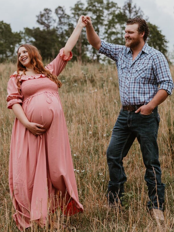 fotobeyou Pink Boho Flowy Bump Friendly Off Shoulder Photoshoots Maxi Dress