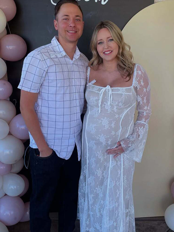 fotobeyou White Lace Corset Square Neck Flare Sleeve Off Shoulder Bodycon Elegant Maternity Gender Reveal Maxi Dress