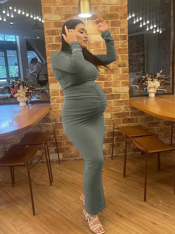 fotobeyou Solid Color Ruched High Neck Long Sleeve Bodycon Basic Going Out Elegant Maternity Baby Shower Maxi Dress