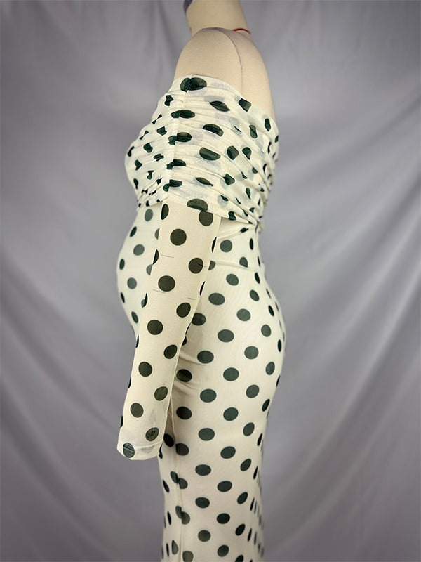 fotobeyou White Off Shoulder Olive Green Polka Dot Bodycon Boho Photoshoot Baby Shower Maternity Maxi Dress