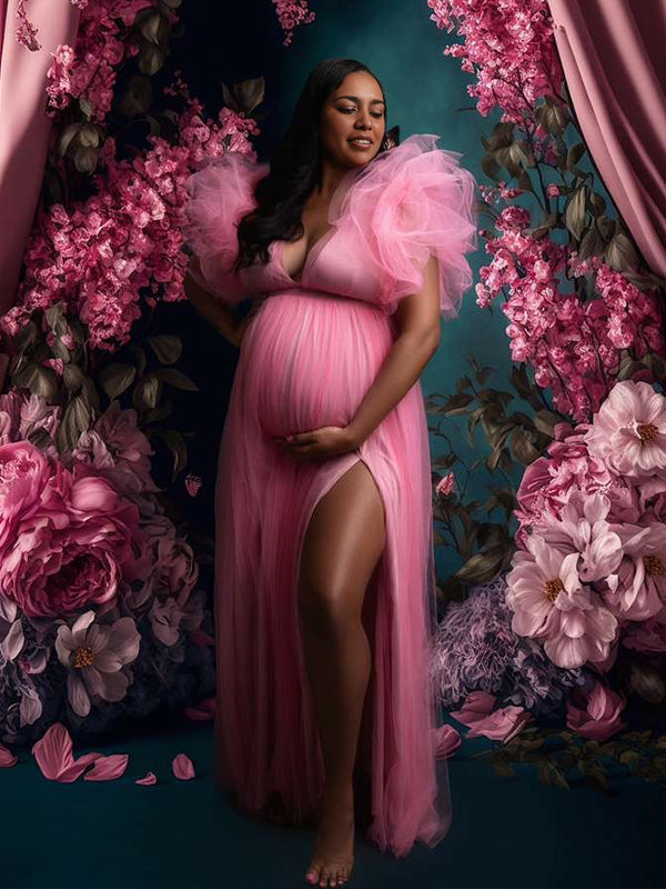 Pink Tulle Ruffle Swing Slit Gown Maternity Maxi Dress