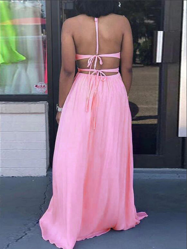 fotobeyou Pink V-neck Spaghetti Strap Halter Neck Backless Cami Slit Baby Shower Plus Size Maternity Maxi Dress