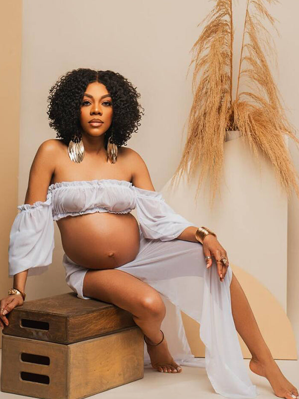 fotobeyou Chic White Two Piece Falbala Slits On Both Sides Transparent Off Shoulder Flowy Beach Maternity Photoshoot Maxi Dress