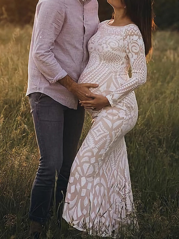 fotobeyou White Lace Sequin Off Shoulder Mermaid Bodycon Wedding Gown Baby Shower Elegant Foamal Maternity Photoshoot Maxi Dress
