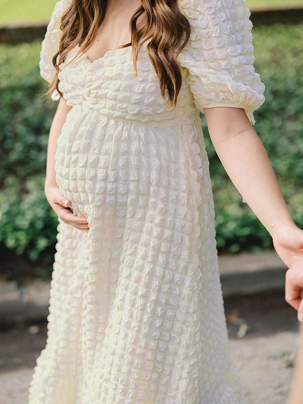 fotobeyou Bubble Texture Sweetheart Neckline Ruched Bodice A-line Puff Sleeve Elegant Going Out Maternity Photoshoot Maxi Dress