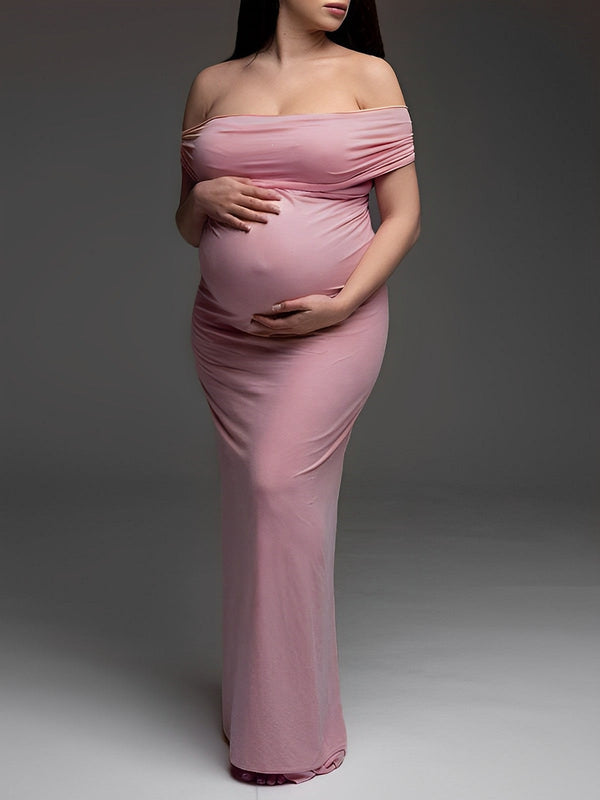 fotobeyou Pink Off Shoulder Belly Friendly Ruched Boat Neck Bodycon Photoshoot Maternity Maxi Dress