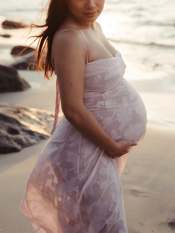 fotobeyou Pink Spaghetti Strap Backless Sheer Big Swing Chic Maternity Maxi Dress