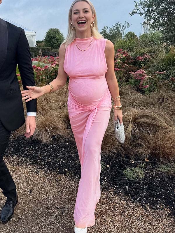 fotobeyou Pink Lace-up Pennant Grenadine Banquet Party Baby Shower Maternity Photoshoot Maxi Dress