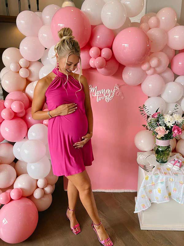 fotobeyou Rose Carmine Open Back Halter Neck Buttons Ceremony  Banquet Maternity Photoshoot Mini Dress