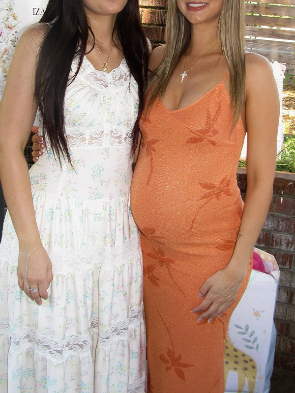 fotobeyou Nacarat Striped Stamp Bodycon Vacation Beach Maternity Photoshoot Maxi Dress