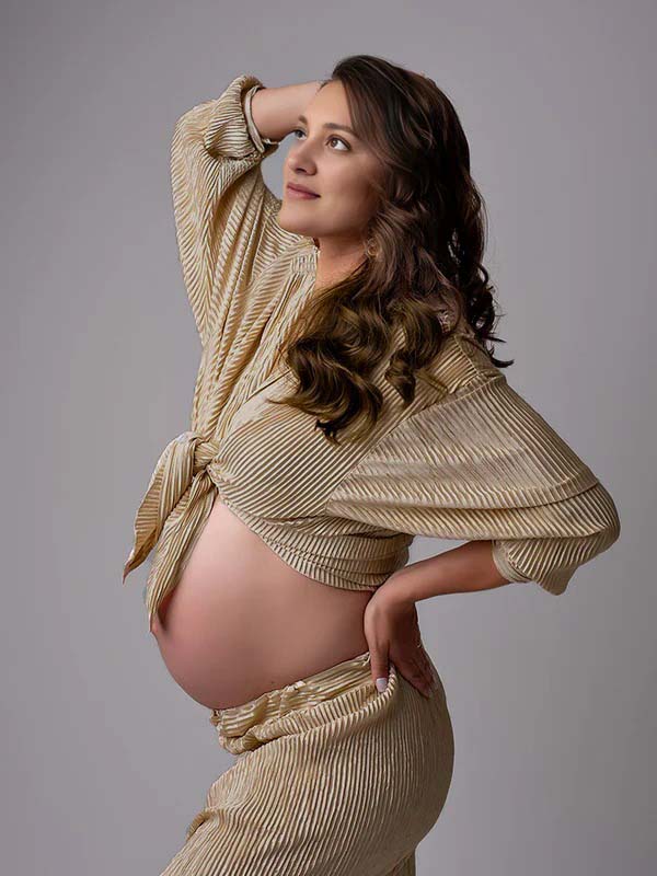 fotobeyou Khaki Buttons Pleat Bell Bottom Jeans Daily Two Piece Going out Maternity Photoshoot Homewear