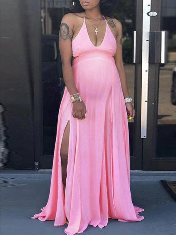 fotobeyou Pink V-neck Spaghetti Strap Halter Neck Backless Cami Slit Baby Shower Plus Size Maternity Maxi Dress
