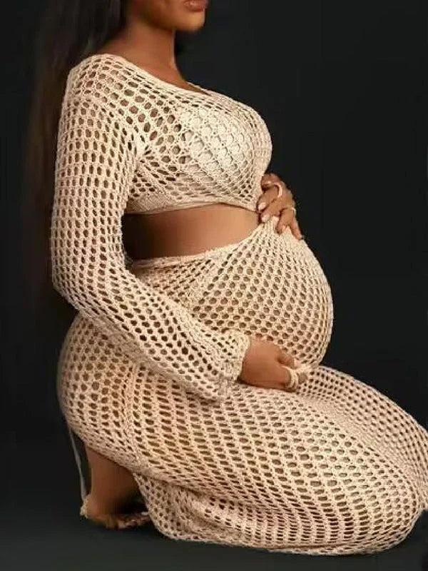 fotobeyou Apricot Knit Coverup Dress Mesh Bodycon Beach Hollow Out Midi Crochet Maternity Cut Out Dress