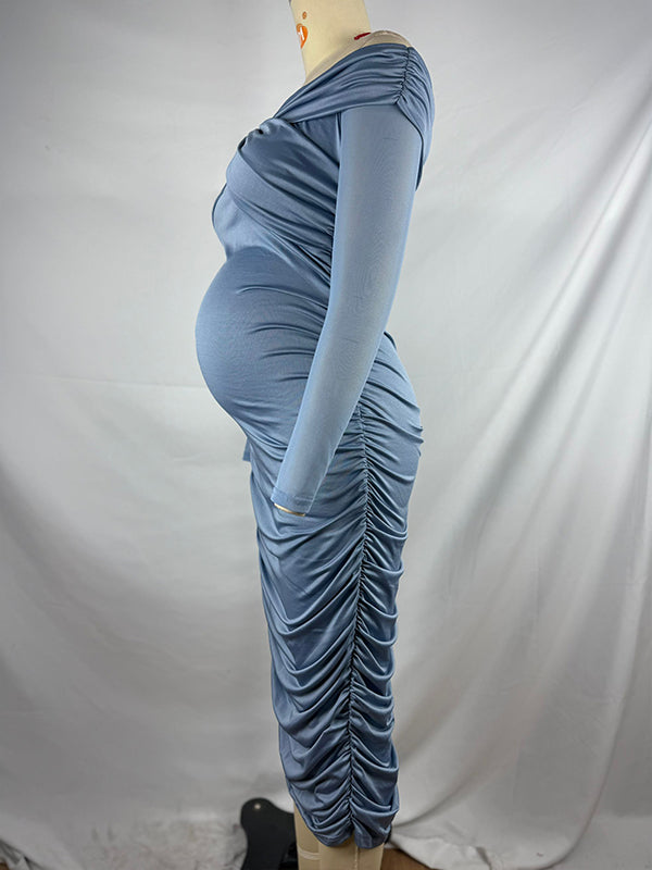 fotobeyou Blue Ruched Off Shoulder Cross Chest Bodycon Elegant Wedding Guest Maternity Photoshoot Midi Dress