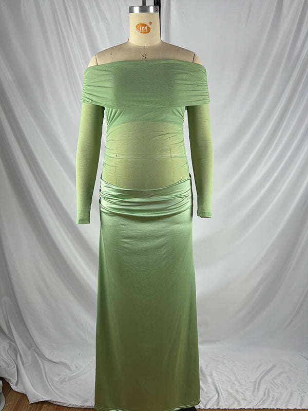 fotobeyou Mesh Patchwork Ruched Off Shoulder Cut Out Elegant Cocktail Party Gown Sheer Maternity Photoshoot Baby Shower Maxi Dress