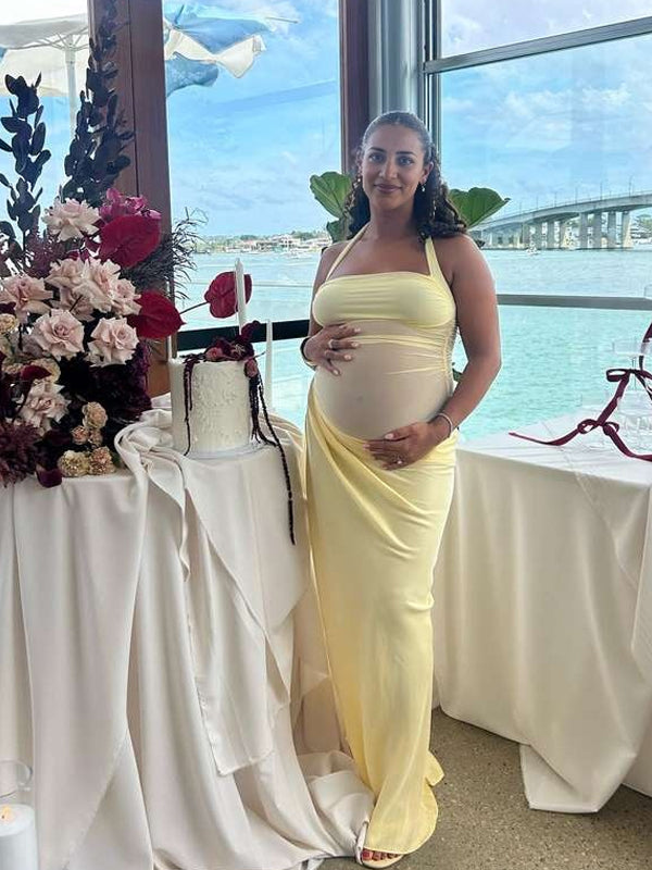 fotobeyou Mesh Patchwork Ruched Cut Out Halter Neck Backless Bodycon Elegant Maternity Baby Shower Party Maxi Dress
