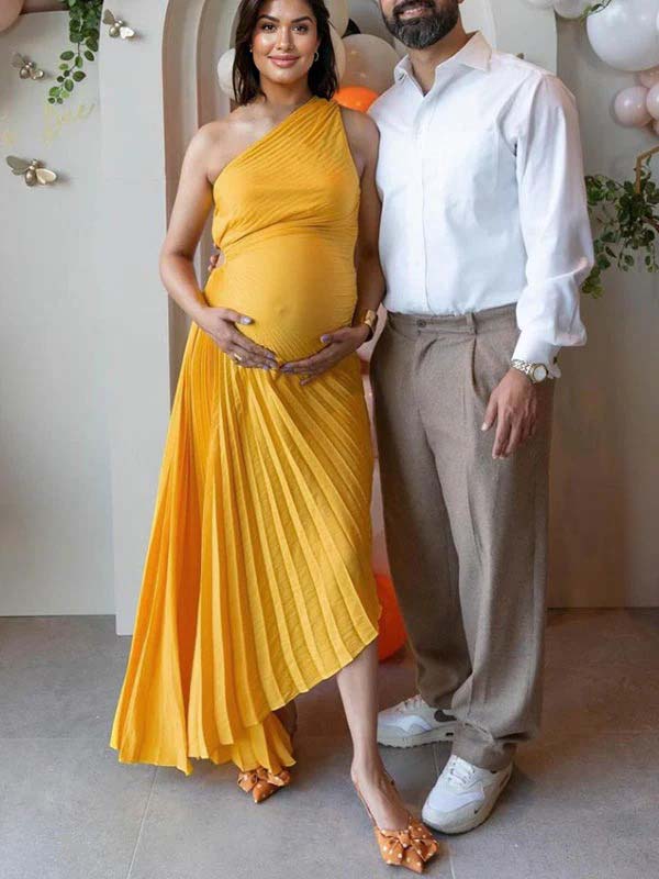 fotobeyou Yellow Pleated Cut Out One Shoulder Big Swing Plus Size Elegant Maternity Photoshoot Baby Shower Maxi Dress