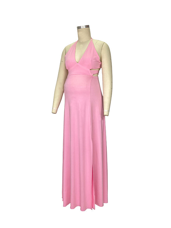 fotobeyou Pink V-neck Spaghetti Strap Halter Neck Backless Cami Slit Baby Shower Plus Size Maternity Maxi Dress