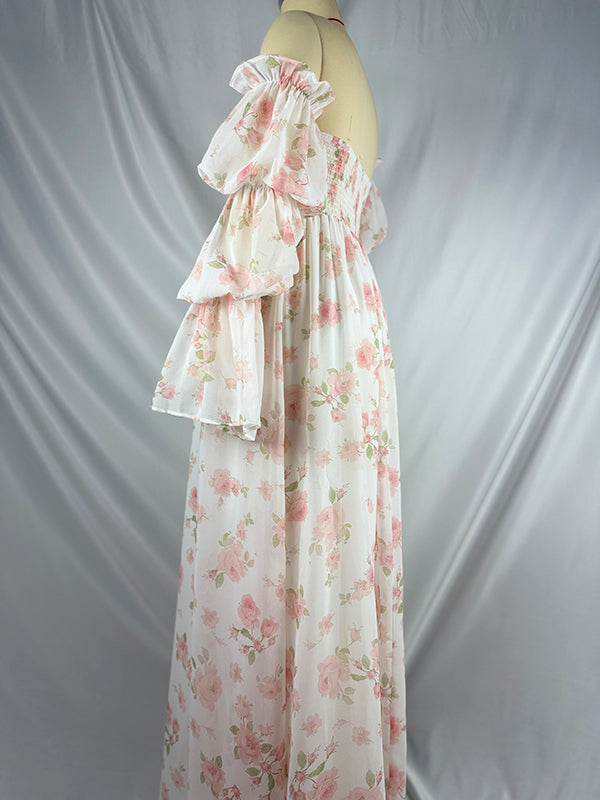 fotobeyou White Floral Off Shoulder Ruffle Big Swing Trailing Tail Elegant Dreamy Maternity Baby Shower Photoshoot Maxi Dress