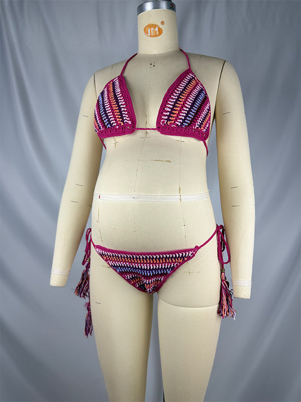 fotobeyou Halter Neck Backless lace-up Tassel Knitted Bikini Elegant Beach Maternity Swimwear