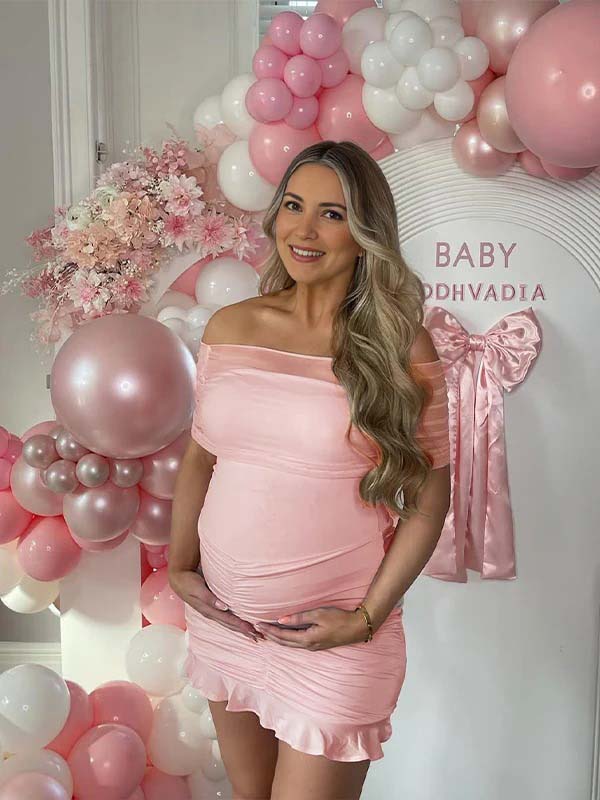 fotobeyou Pink Ruffle off-shoulder Bandeau Bodycon Elegant Maternity Baby Shower Mini Dress