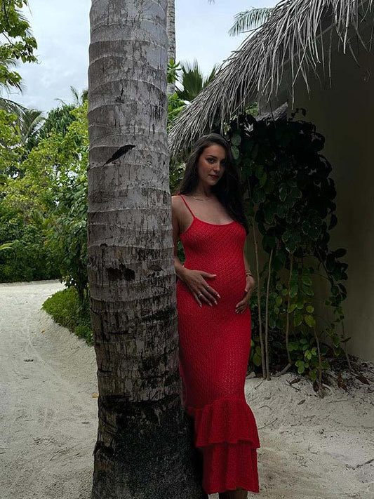 fotobeyou Red Crochet Hollow Out Ruffle Falbala Frill Hem Cami Bodycon Elegant Baby Moon Beach Maternity Photoshoot Baby Shower Mini Dress