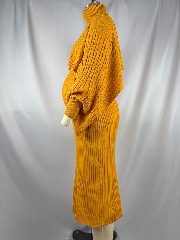 fotobeyou Solid Color Knitting 2-in-1 Bodycon Baby Shower Maternity Sweater Midi Dress