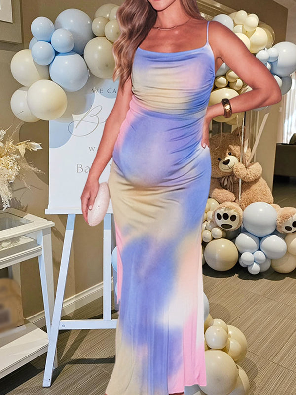 Pink&Blue Tie Dye Mesh Ruched Cami Gender Reveal Maternity Maxi Dress