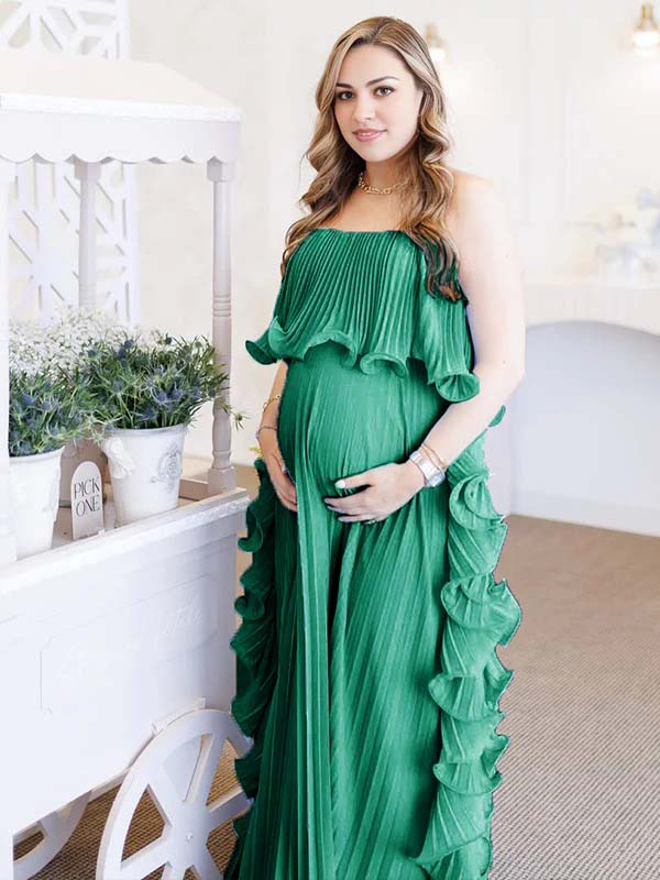 fotobeyou Strapless Ruffle Falbala Pleated Chiffon Elegant Maternity Baby Shower Maxi Dress