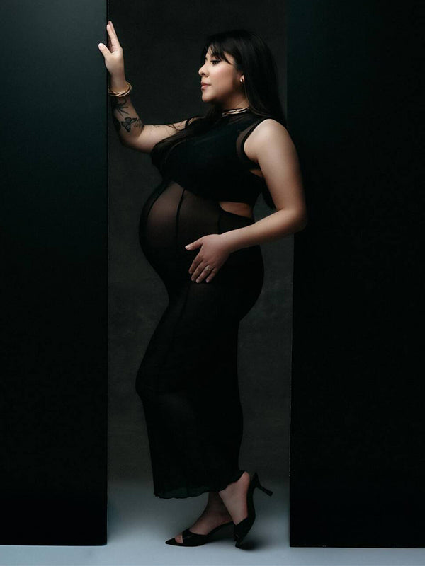 fotobeyou Black Sheer Backless Band Neck Bodycon Club Fashion Elegant Photoshoot Maternity Maxi Dress