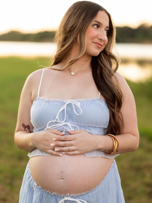 fotobeyou Blue Falbala Two Piece Set Cami Ruffle Crop Top And Big Swing Maxi Skirt Elegant Baby Moon Beach Maternity Photoshoot Baby Shower Maxi Dress