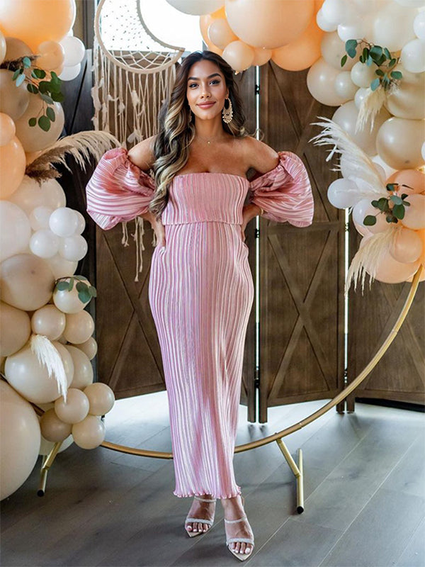 fotobeyou Pink Off Shoulder Bandeau Ribbed  Pleated Bodycon Puff Sleeve Evening Gown Baby Shower Maternity Maxi Dress