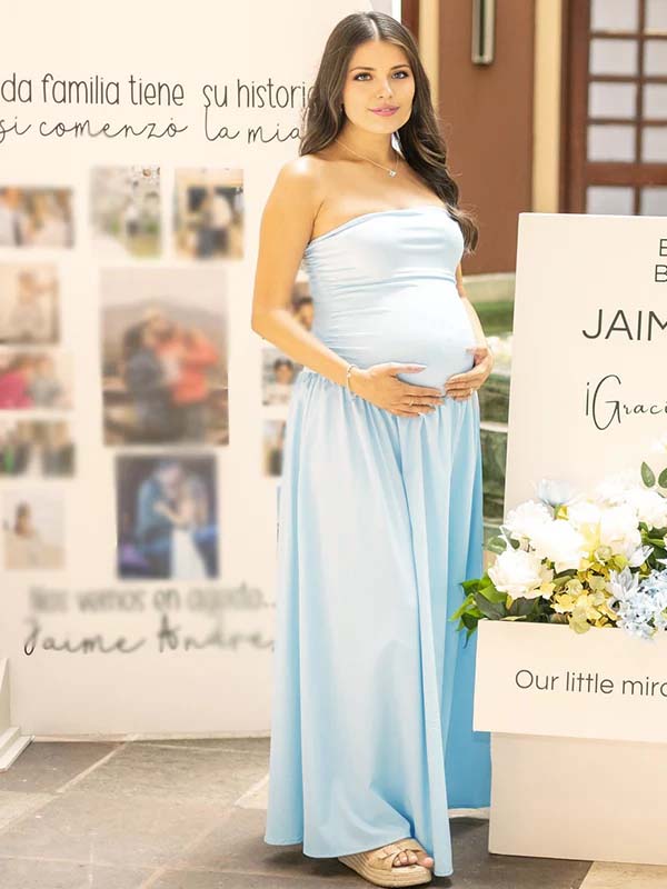fotobeyou Blue Ruched Bandeau Big Swing Strapless Elegant Maternity Maxi Dress