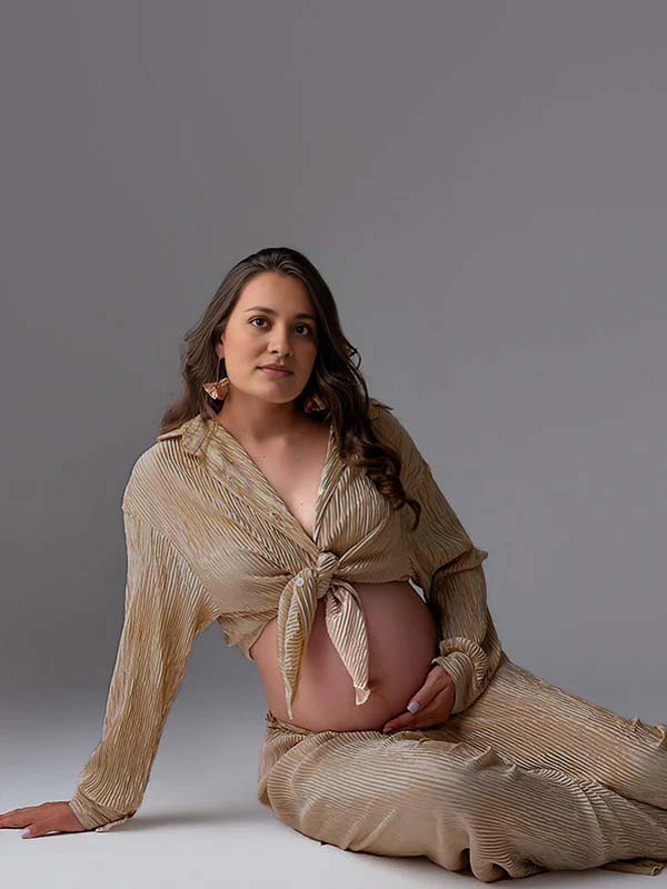fotobeyou Khaki Buttons Pleat Bell Bottom Jeans Daily Two Piece Going out Maternity Photoshoot Homewear