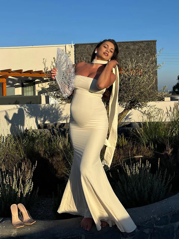 fotobeyou Ivory White Bandeau Strapless Mermaid Dress With Scarf Cocktail Maternity Maxi Dress