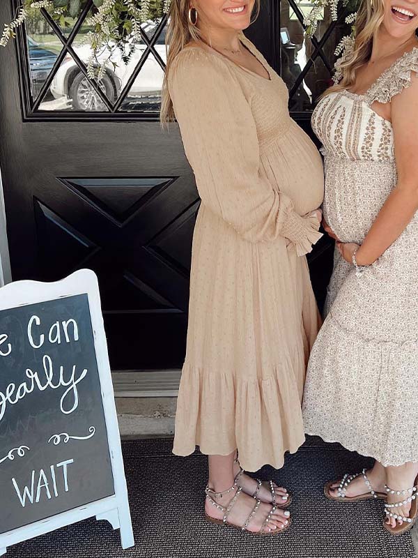 fotobeyou Apricot Smocked Flouncy V neck Daily Going out Baby Shower Maternity Photoshoot Midi Dress