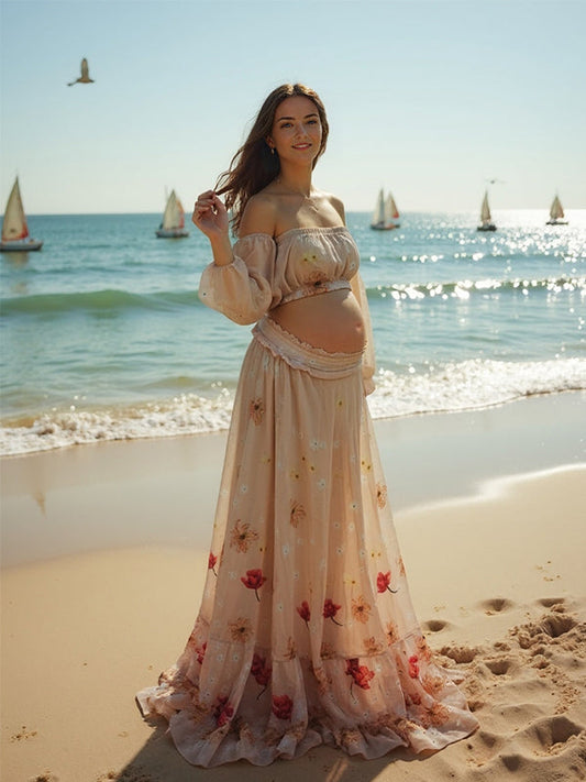 fotobeyou Two Piece Boho Flower Printing Off Shoulder Chiffon Crop Bandeau Photoshoot Maternity Maxi Dress