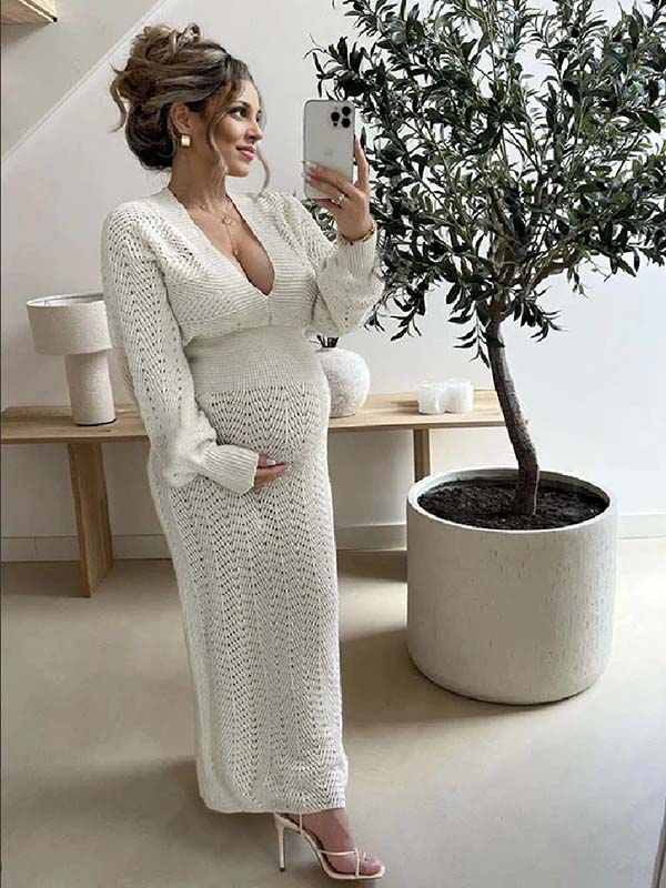 fotobeyou White Crochet Knit Hollow Out Deep V-neck Lantern Sleeve Bodycon Elegant Going Out Maternity Sweater Maxi Dress