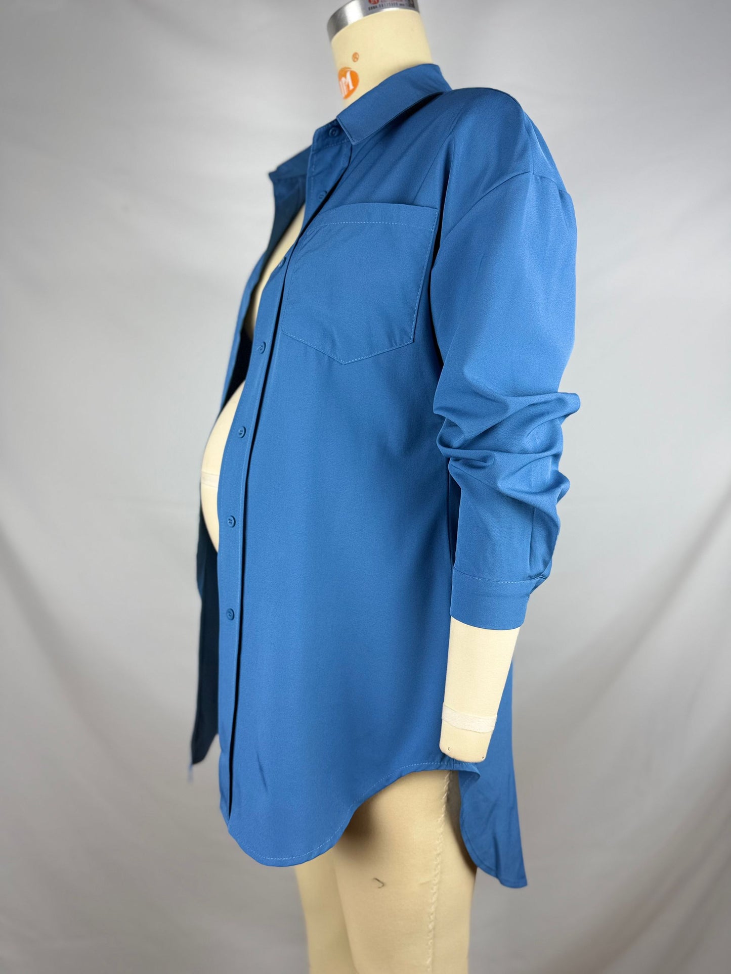 fotobeyou Blue Buttons Irregularly Leisure Basic Maternity Photoshoot Shirt